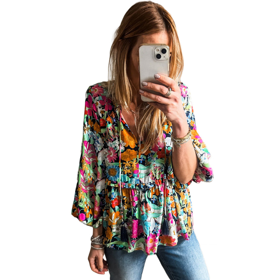 Multicolour Floral Print Bubble Sleeve V Neck Ruffled Blouse Sale (50% OFF)/Sale (50% OFF)
