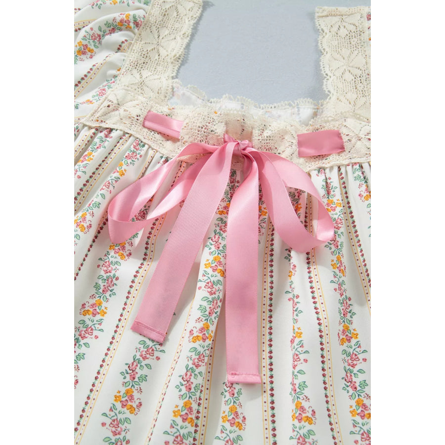 Multicolour Floral Print Contrast Ribbon Bow Lace Trim Square Neck Mini Dress Apparel and Accessories