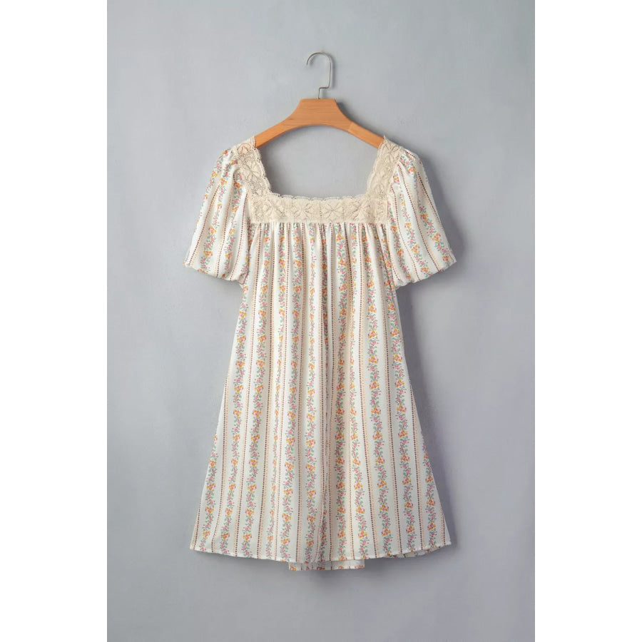 Multicolour Floral Print Contrast Ribbon Bow Lace Trim Square Neck Mini Dress Apparel and Accessories