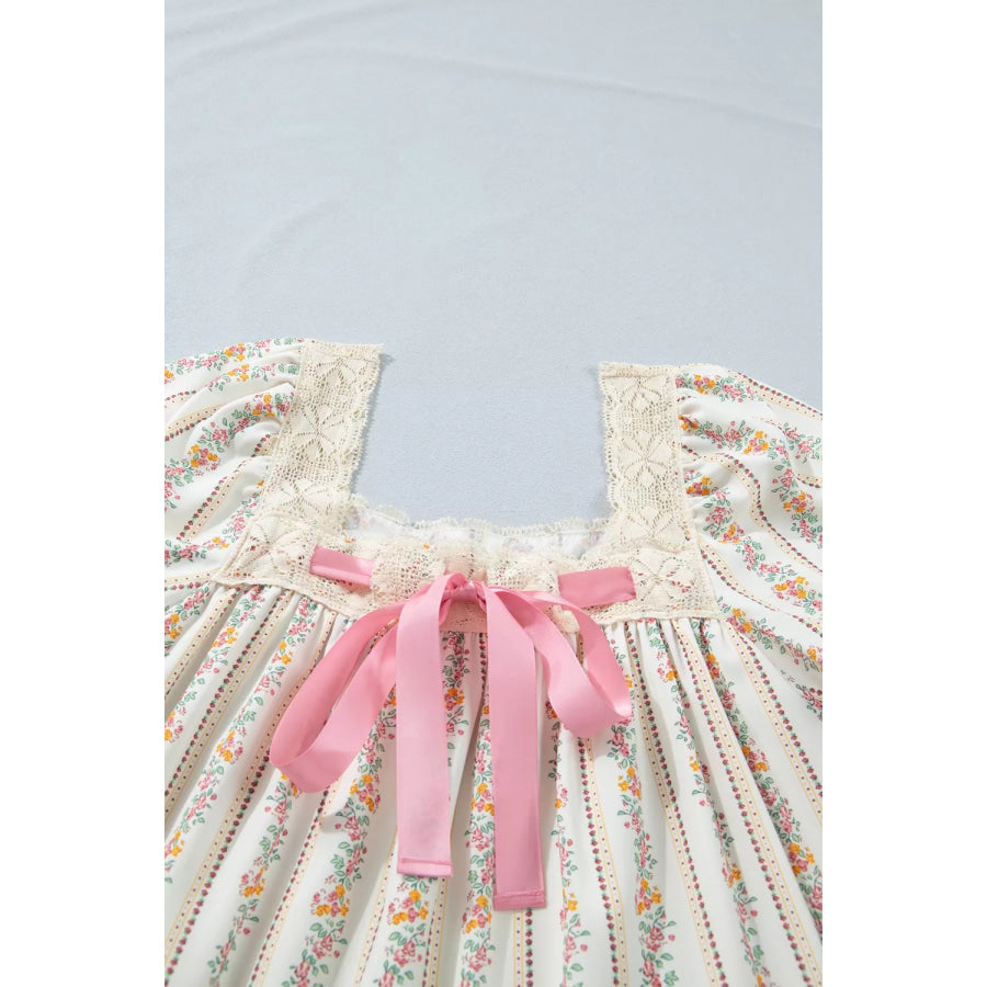 Multicolour Floral Print Contrast Ribbon Bow Lace Trim Square Neck Mini Dress Apparel and Accessories
