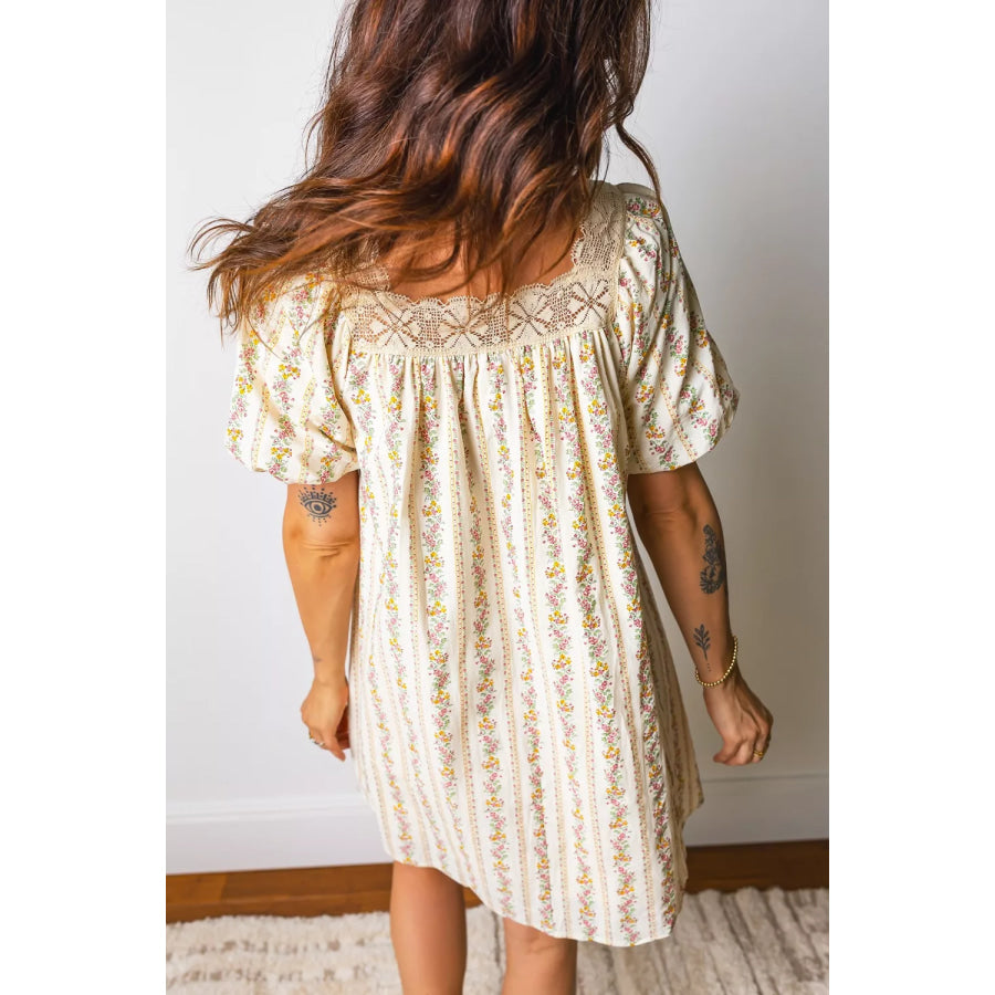 Multicolour Floral Print Contrast Ribbon Bow Lace Trim Square Neck Mini Dress Apparel and Accessories