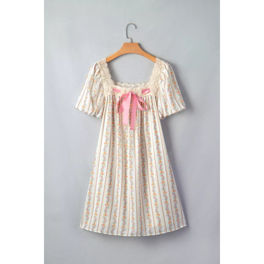 Multicolour Floral Print Contrast Ribbon Bow Lace Trim Square Neck Mini Dress Apparel and Accessories