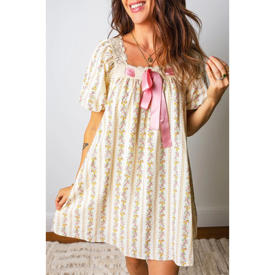 Multicolour Floral Print Contrast Ribbon Bow Lace Trim Square Neck Mini Dress Cream / S Apparel and Accessories