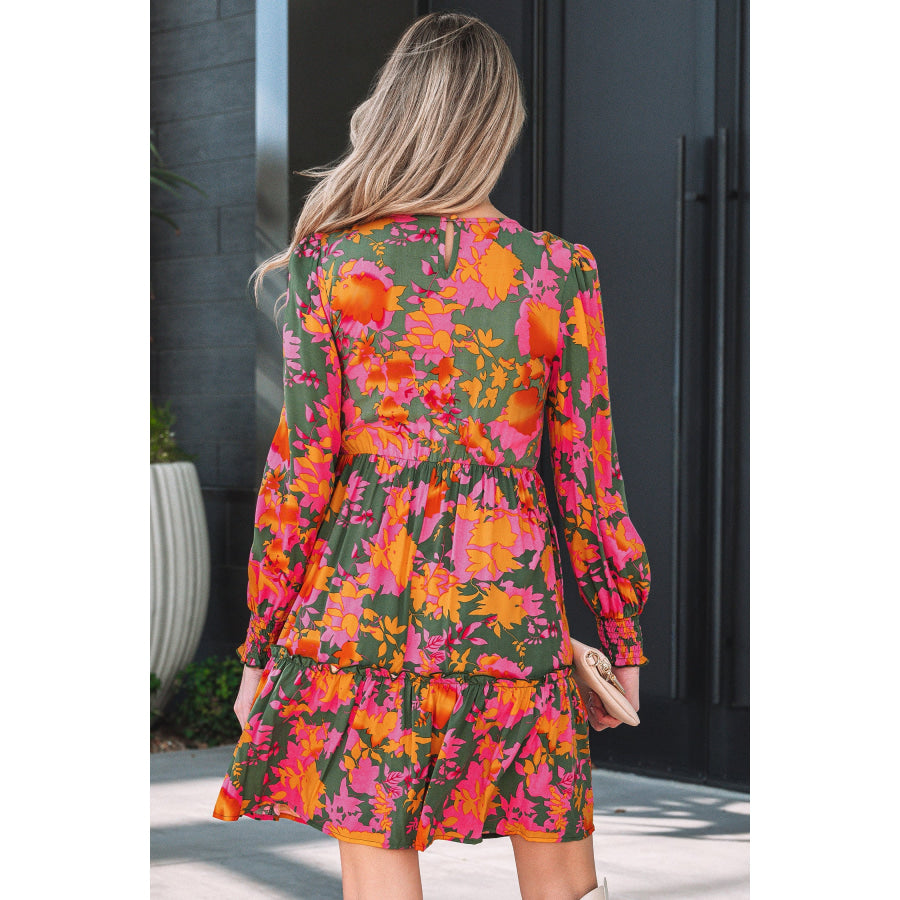 Multicolour Floral Print Long Sleeve Smocked Ruffled Mini Dress Dresses/Floral Dresses