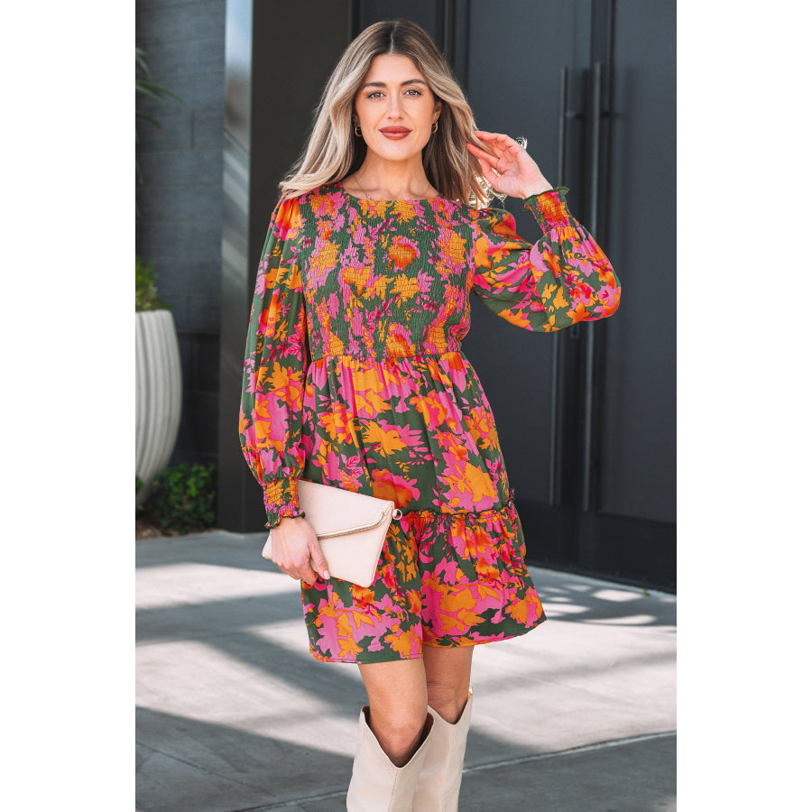 Multicolour Floral Print Long Sleeve Smocked Ruffled Mini Dress Dresses/Floral Dresses