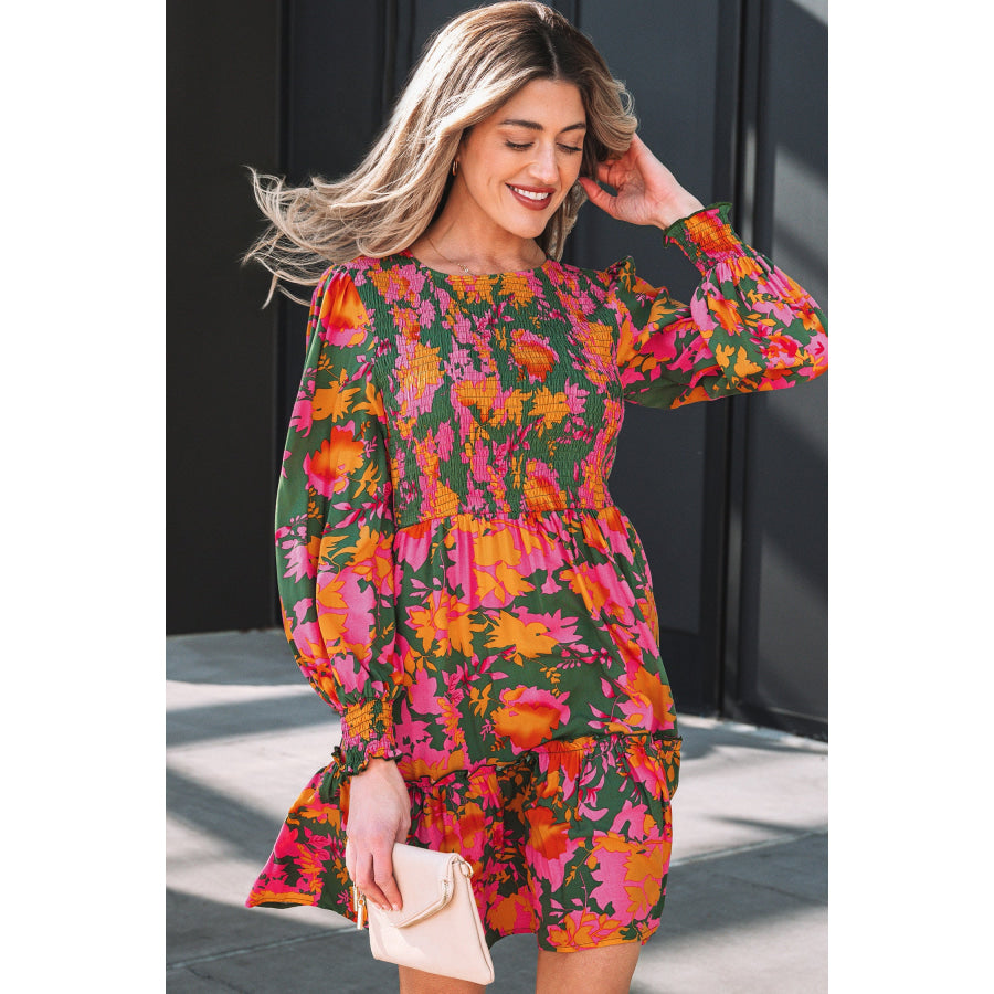 Multicolour Floral Print Long Sleeve Smocked Ruffled Mini Dress Dresses/Floral Dresses