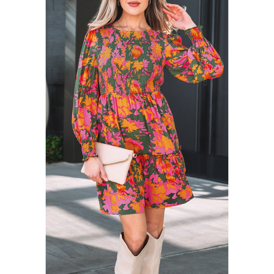 Multicolour Floral Print Long Sleeve Smocked Ruffled Mini Dress Dresses/Floral Dresses