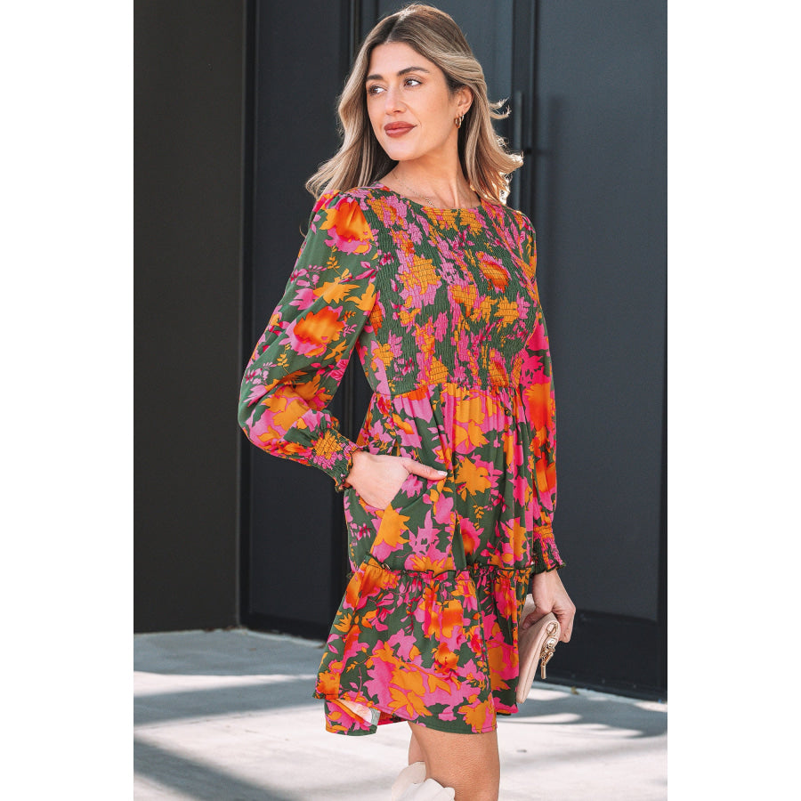 Multicolour Floral Print Long Sleeve Smocked Ruffled Mini Dress Dresses/Floral Dresses