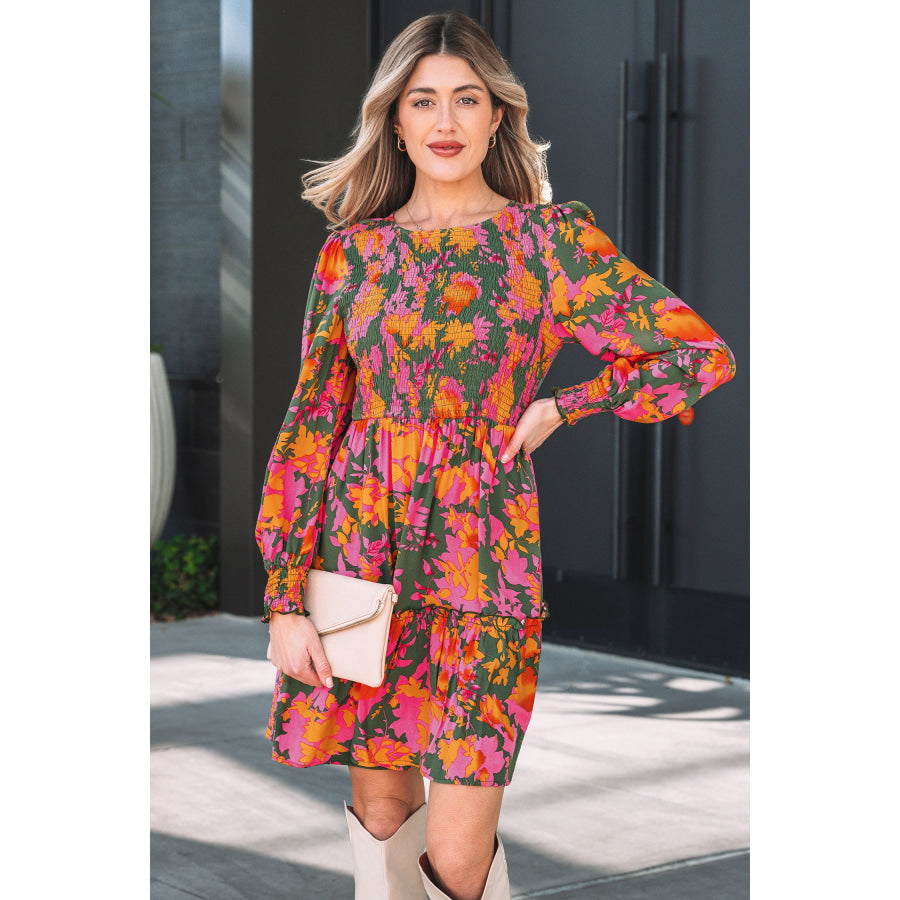 Multicolour Floral Print Long Sleeve Smocked Ruffled Mini Dress Multicolour / S / 100% Viscose Dresses/Floral Dresses
