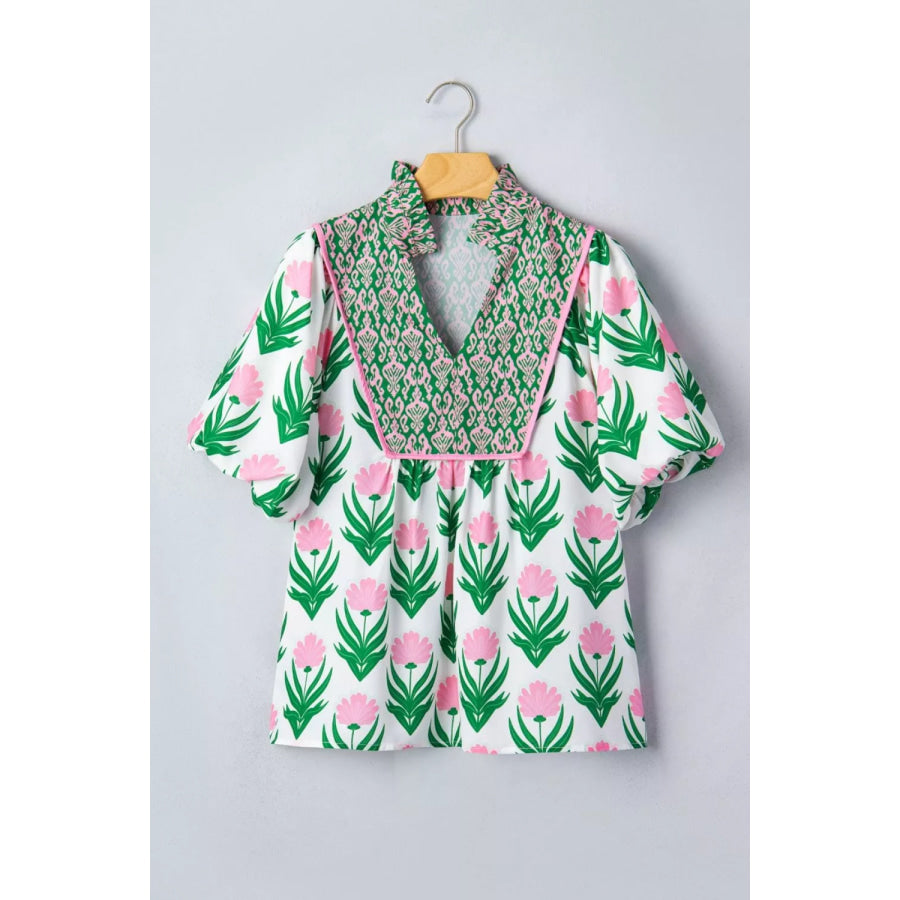 Multicolour Floral Print Puff Sleeve Contrast Bordered V Neck Blouse Apparel and Accessories