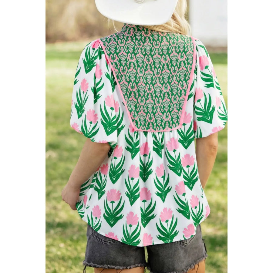 Multicolour Floral Print Puff Sleeve Contrast Bordered V Neck Blouse Apparel and Accessories