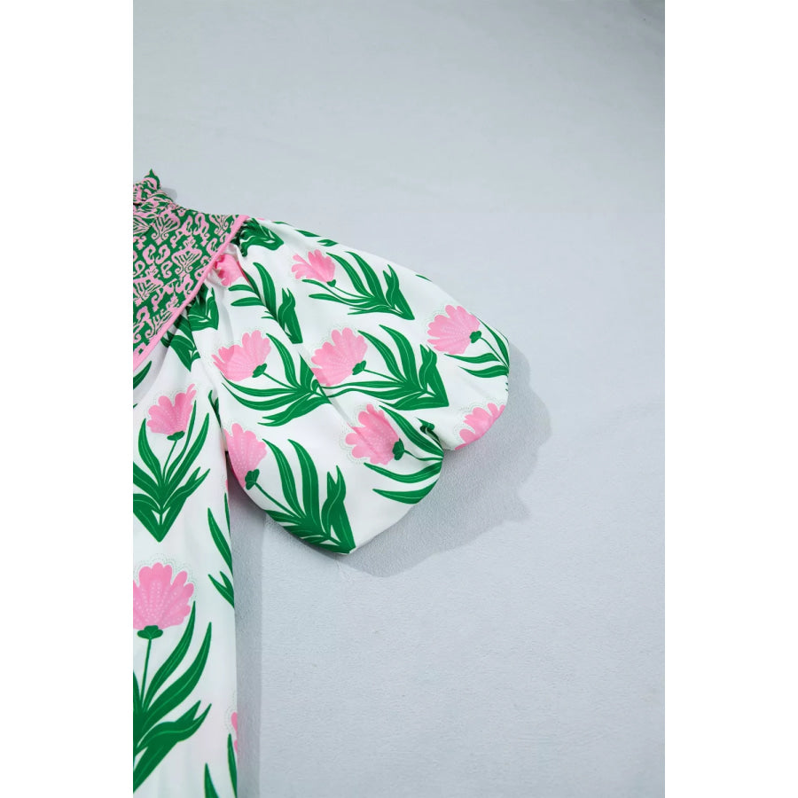 Multicolour Floral Print Puff Sleeve Contrast Bordered V Neck Blouse Apparel and Accessories