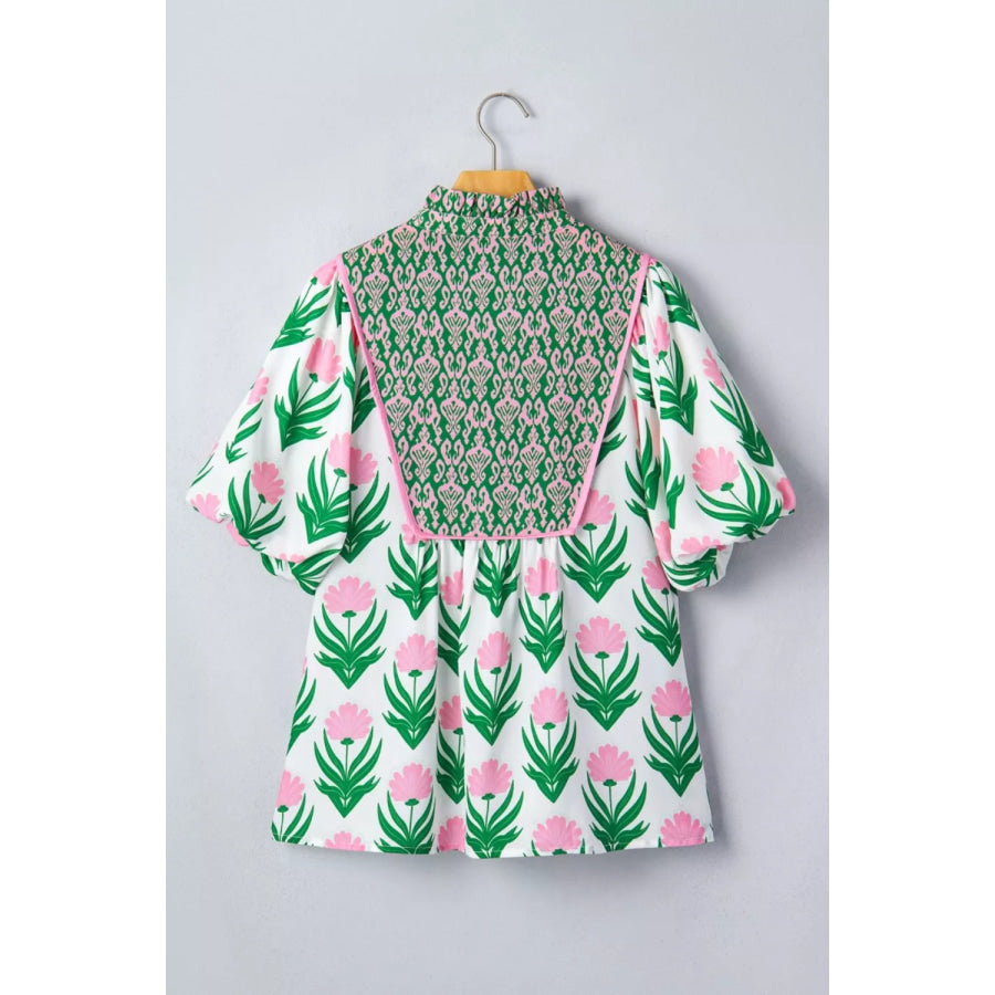 Multicolour Floral Print Puff Sleeve Contrast Bordered V Neck Blouse Apparel and Accessories