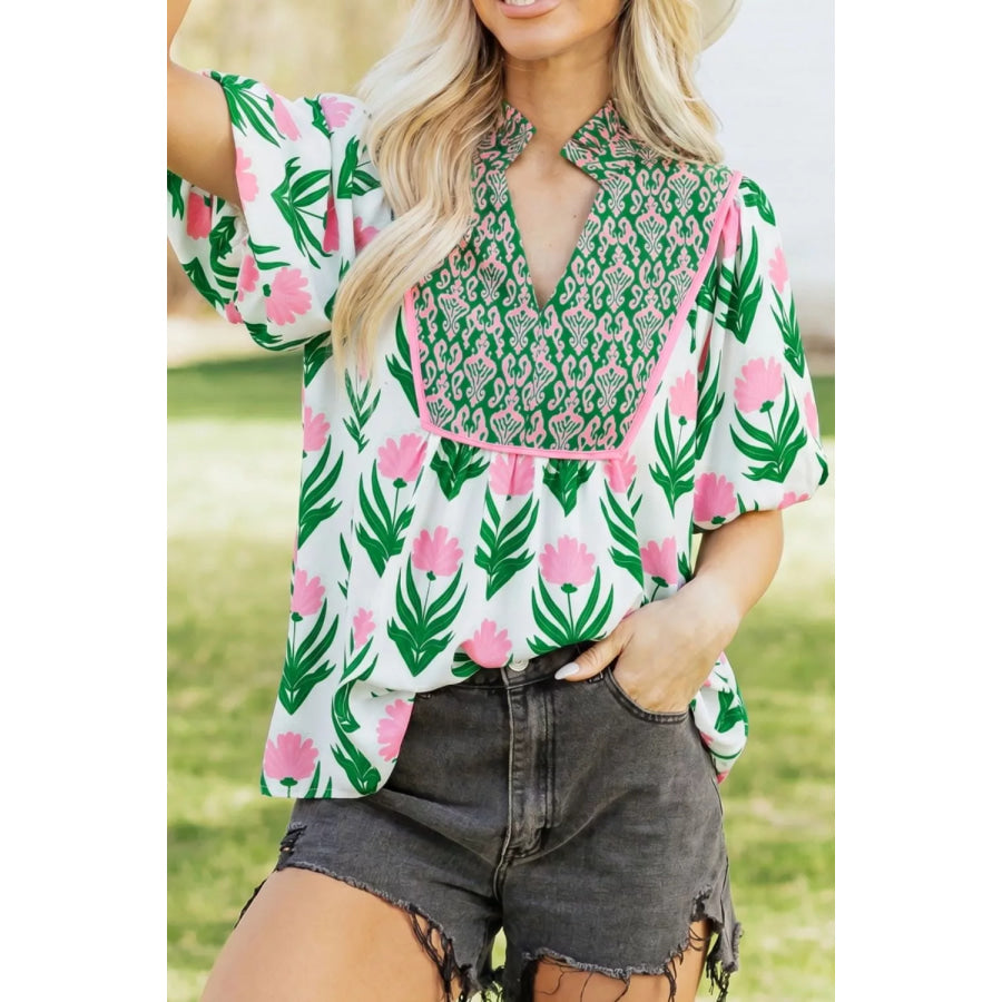 Multicolour Floral Print Puff Sleeve Contrast Bordered V Neck Blouse Apparel and Accessories