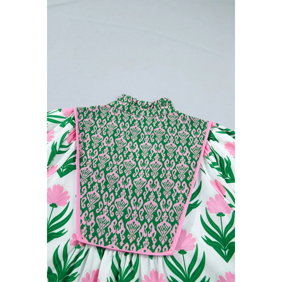 Multicolour Floral Print Puff Sleeve Contrast Bordered V Neck Blouse Apparel and Accessories