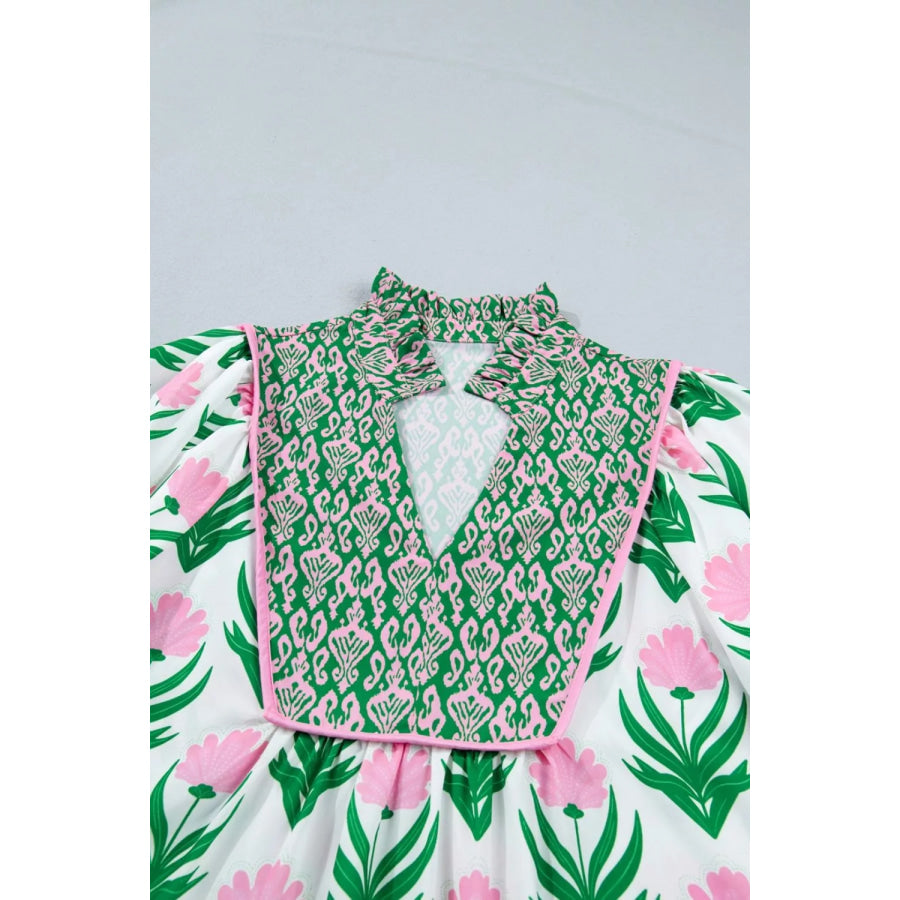 Multicolour Floral Print Puff Sleeve Contrast Bordered V Neck Blouse Apparel and Accessories