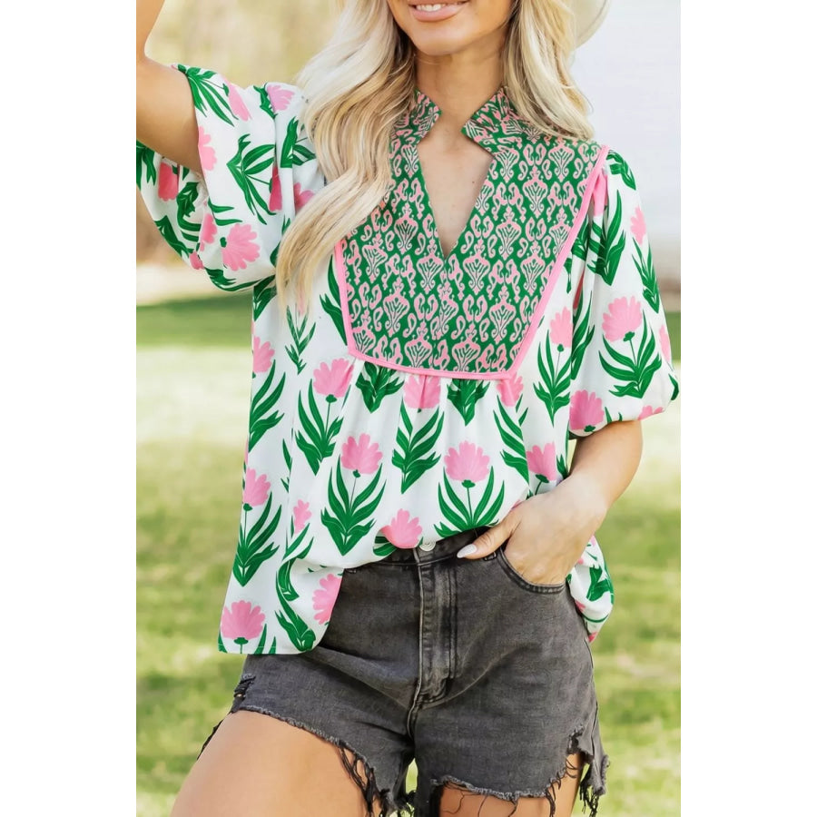 Multicolour Floral Print Puff Sleeve Contrast Bordered V Neck Blouse Sage / S Apparel and Accessories