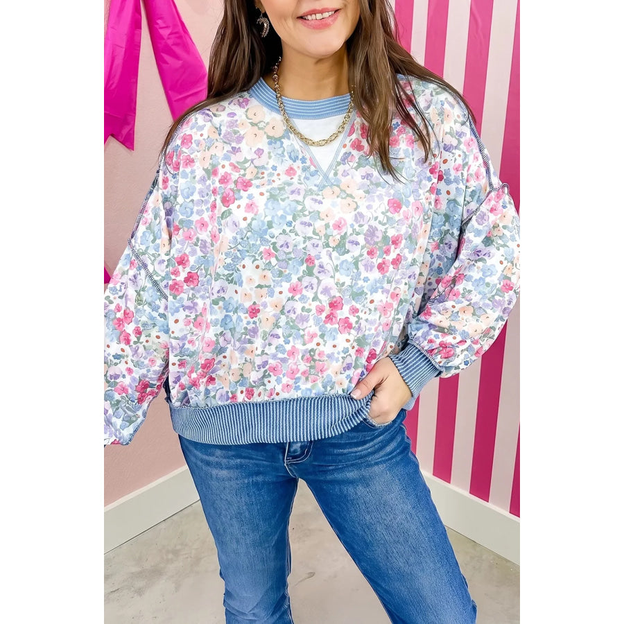 Multicolour Floral Print Round Neck Long Sleeve Shift Top Apparel and Accessories