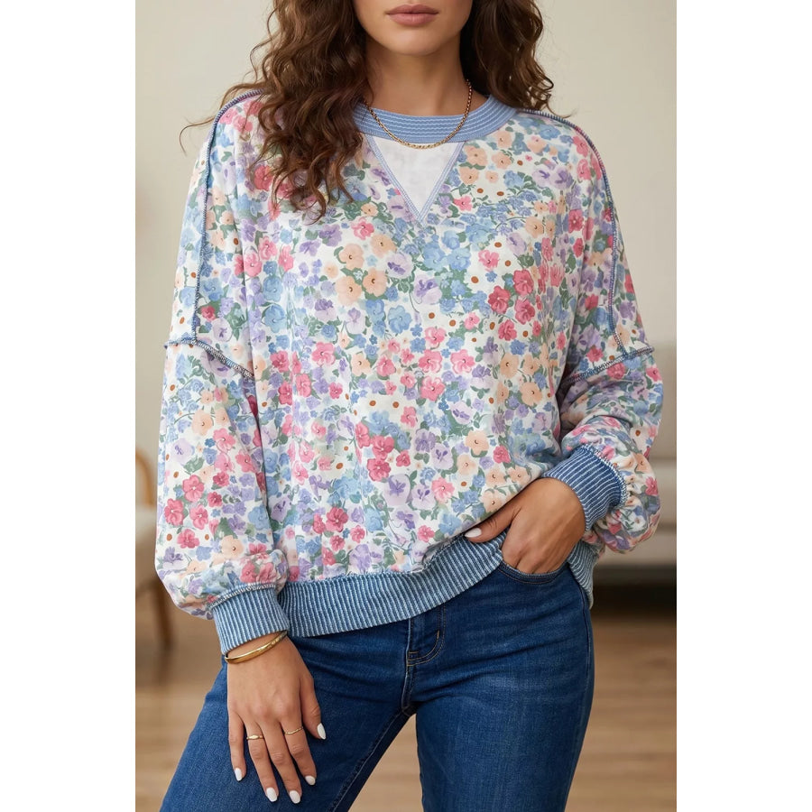 Multicolour Floral Print Round Neck Long Sleeve Shift Top Apparel and Accessories