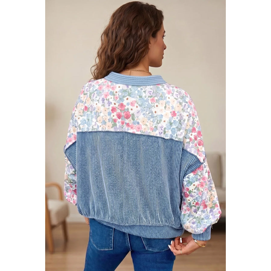 Multicolour Floral Print Round Neck Long Sleeve Shift Top Apparel and Accessories