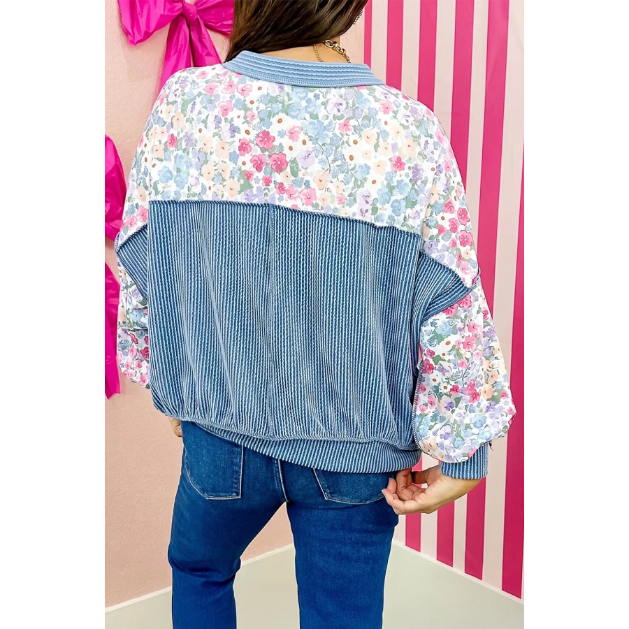 Multicolour Floral Print Round Neck Long Sleeve Shift Top Apparel and Accessories