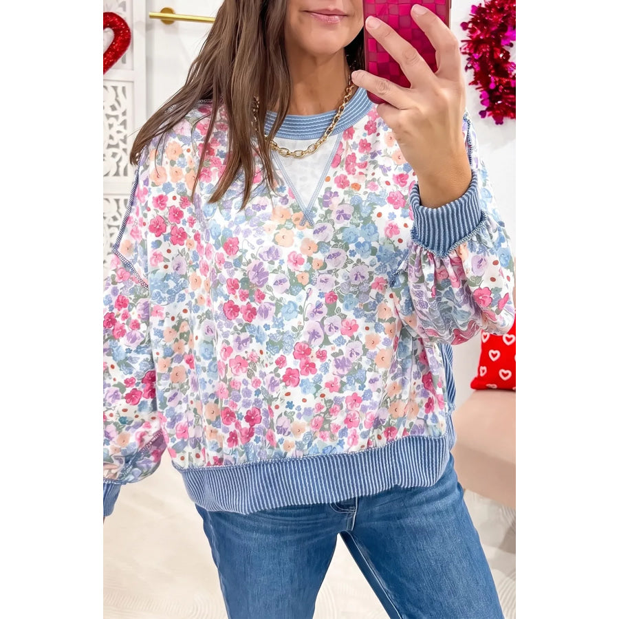 Multicolour Floral Print Round Neck Long Sleeve Shift Top Floral / S Apparel and Accessories