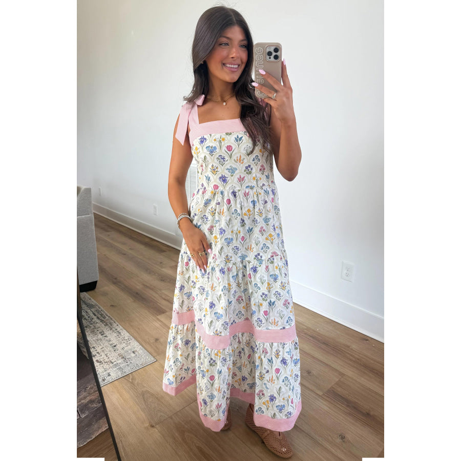 Multicolour Floral Print Striped Detail Knot Straps Maxi Dress Dresses/Floral Dresses