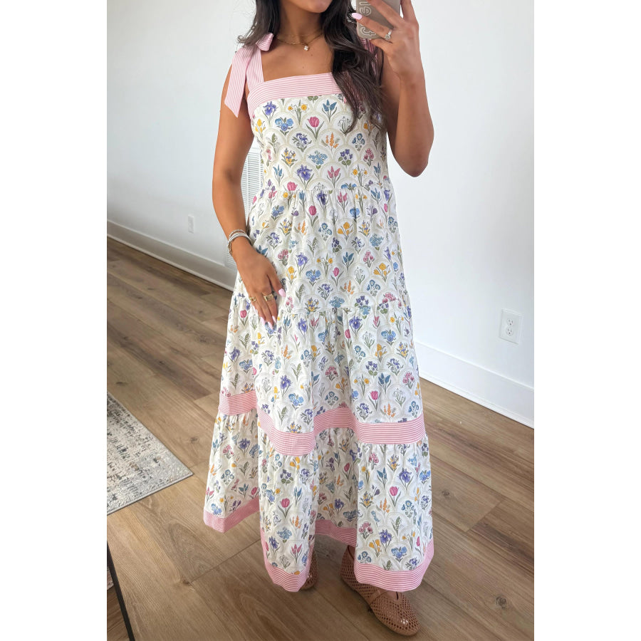 Multicolour Floral Print Striped Detail Knot Straps Maxi Dress Multicolour / S / 100% Polyester Dresses/Floral Dresses