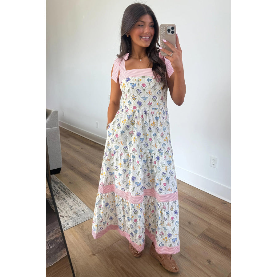 Multicolour Floral Print Striped Detail Knot Straps Maxi Dress Dresses/Floral Dresses