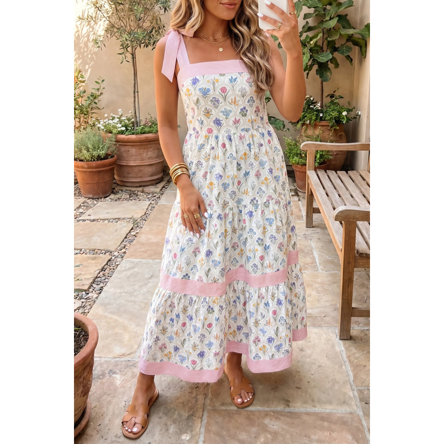 Multicolour Floral Print Striped Detail Knot Straps Maxi Dress Multicolour / S / 100% Polyester Dresses/Floral Dresses