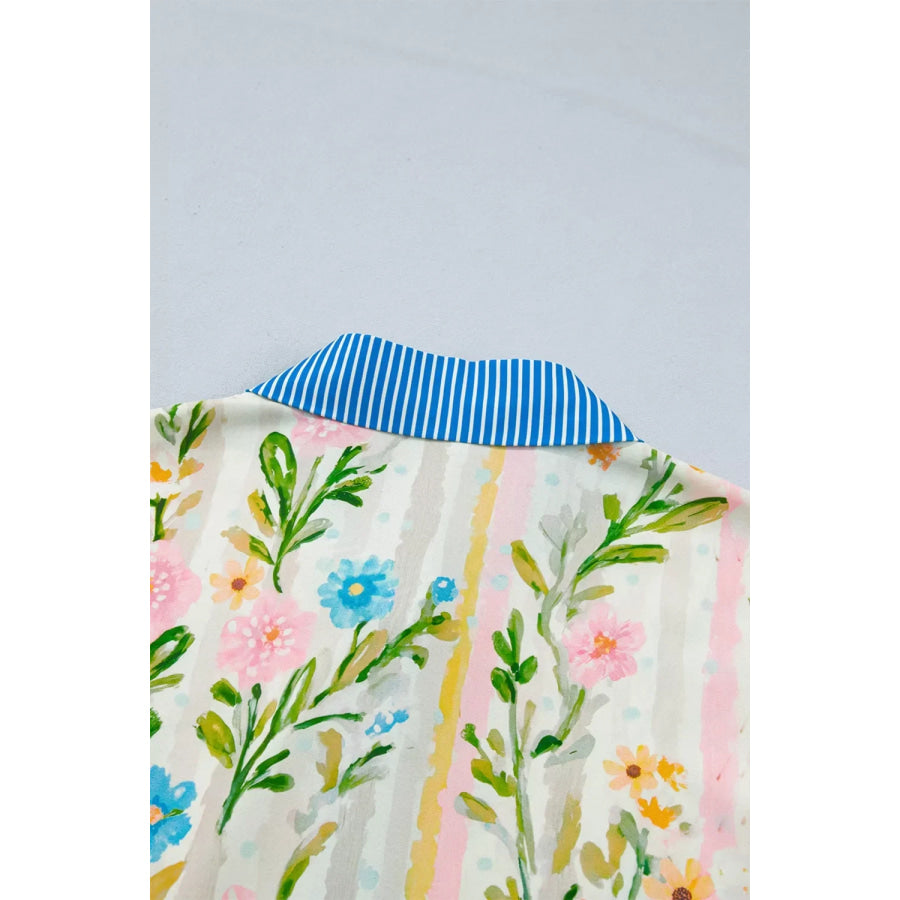 Multicolour Floral Print Striped Trim Button Down Shift Dress Apparel and Accessories