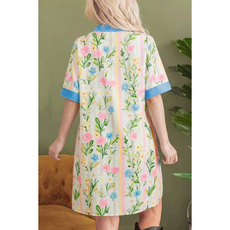 Multicolour Floral Print Striped Trim Button Down Shift Dress Apparel and Accessories