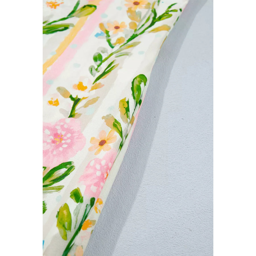 Multicolour Floral Print Striped Trim Button Down Shift Dress Apparel and Accessories