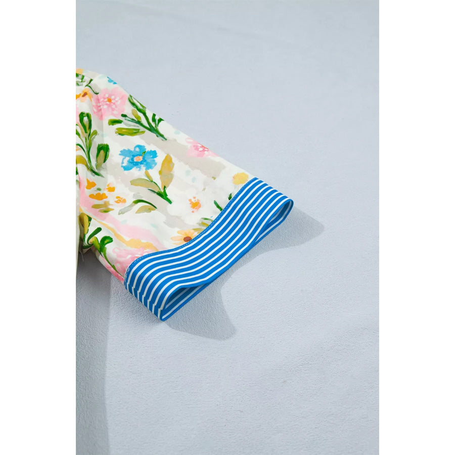 Multicolour Floral Print Striped Trim Button Down Shift Dress Apparel and Accessories