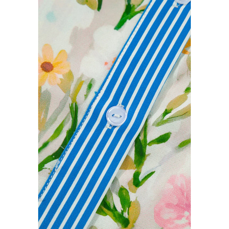 Multicolour Floral Print Striped Trim Button Down Shift Dress Apparel and Accessories