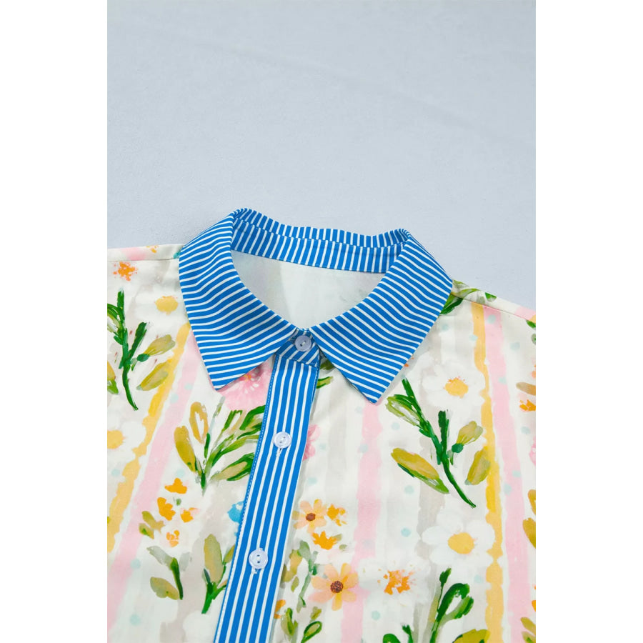 Multicolour Floral Print Striped Trim Button Down Shift Dress Apparel and Accessories