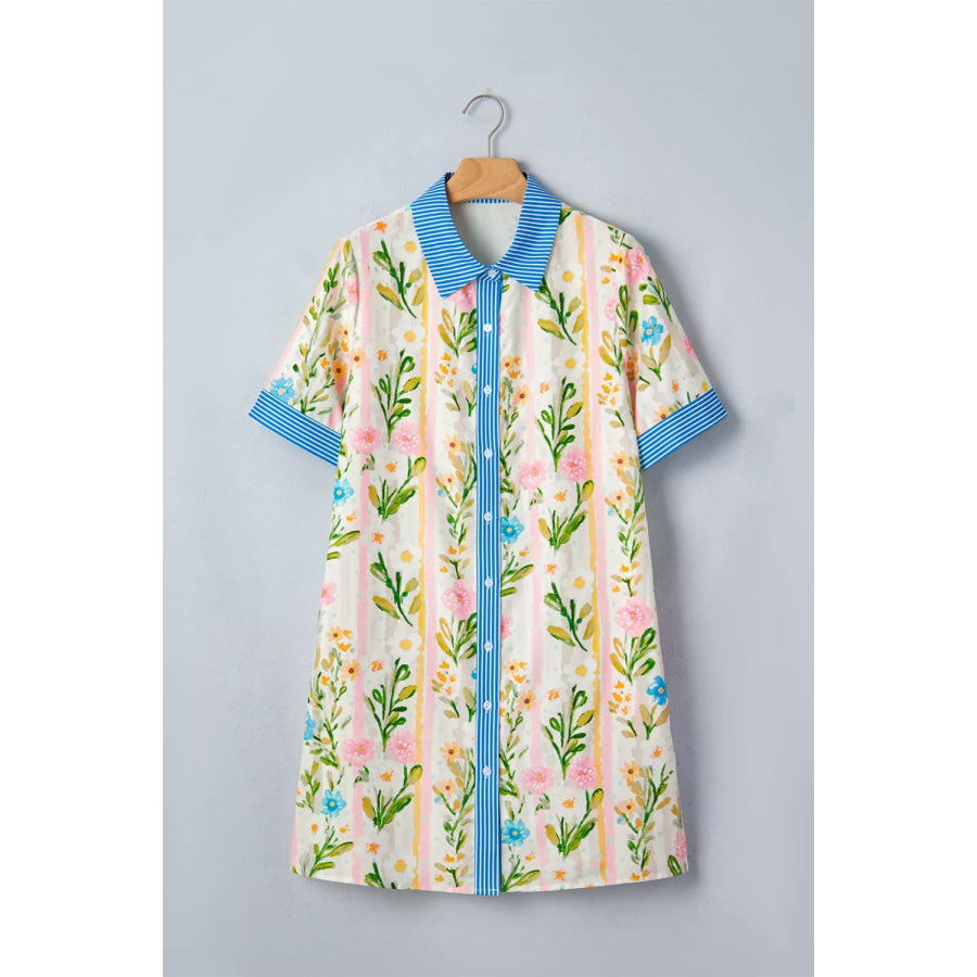 Multicolour Floral Print Striped Trim Button Down Shift Dress Apparel and Accessories