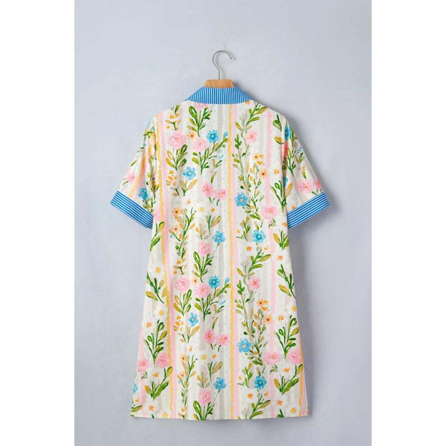 Multicolour Floral Print Striped Trim Button Down Shift Dress Apparel and Accessories