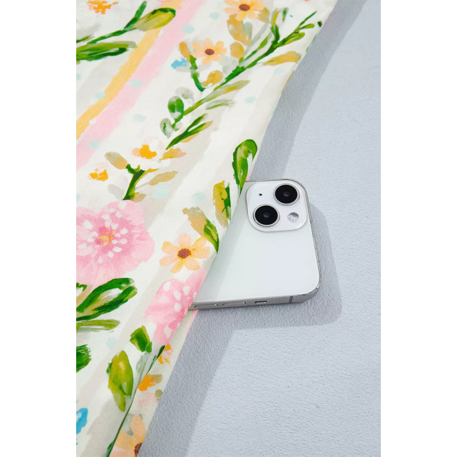 Multicolour Floral Print Striped Trim Button Down Shift Dress Apparel and Accessories