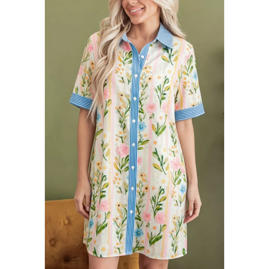 Multicolour Floral Print Striped Trim Button Down Shift Dress Floral / S Apparel and Accessories