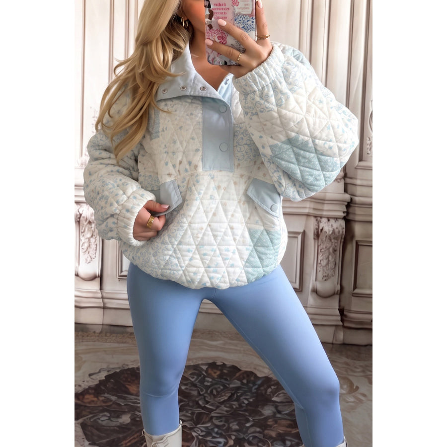 Multicolour Floral Quilted Half Button Pocketed Pullover Sweatshirt Multicolour / S / 95% Polyester + 5% Elastane Tops/Sweatshirts & Hoodies