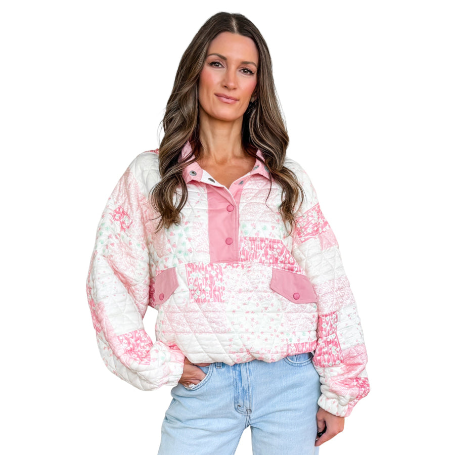 Multicolour Floral Quilted Half Button Pocketed Pullover Sweatshirt Tops/Sweatshirts & Hoodies