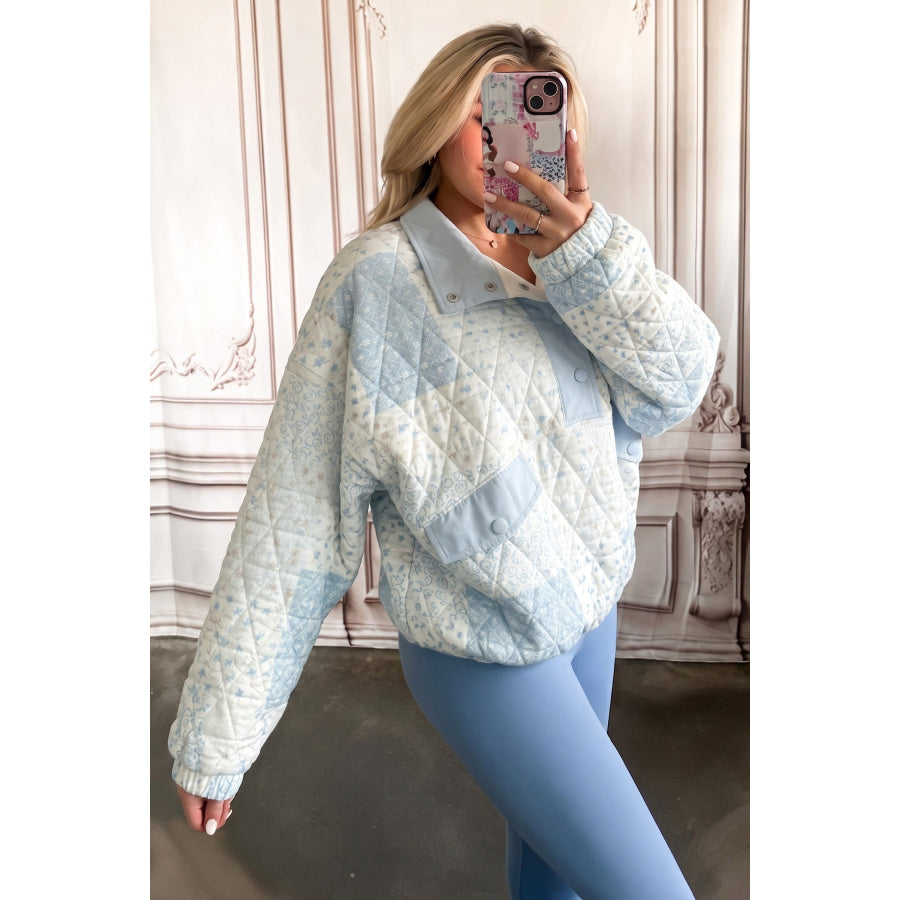 Multicolour Floral Quilted Half Button Pocketed Pullover Sweatshirt Tops/Sweatshirts & Hoodies