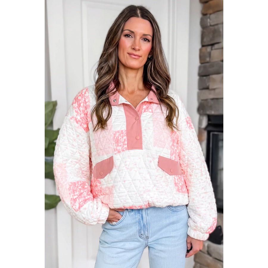 Multicolour Floral Quilted Half Button Pocketed Pullover Sweatshirt Tops/Sweatshirts & Hoodies