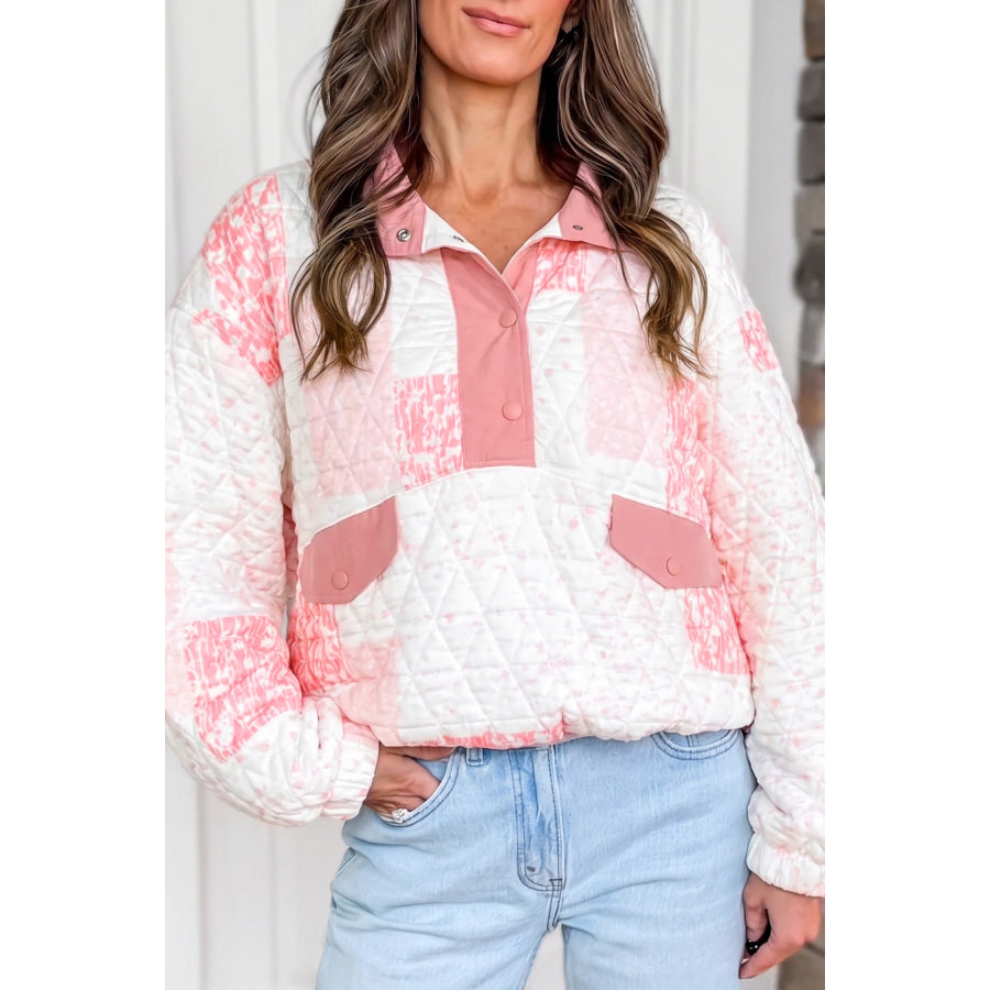 Multicolour Floral Quilted Half Button Pocketed Pullover Sweatshirt Tops/Sweatshirts & Hoodies