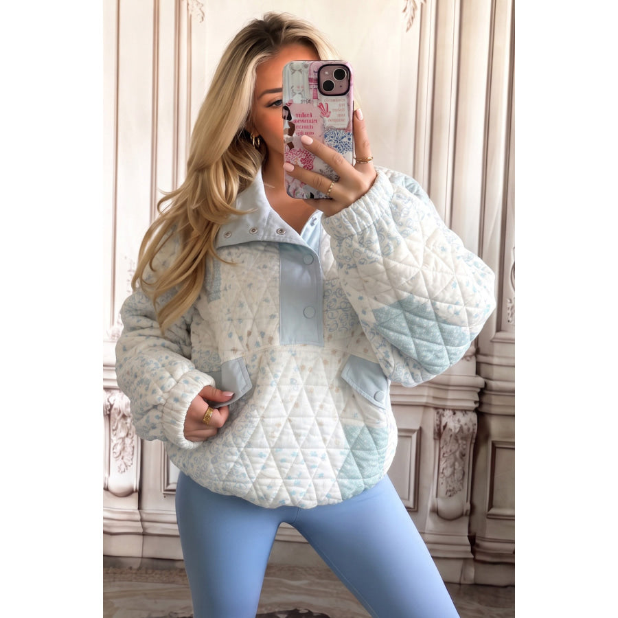 Multicolour Floral Quilted Half Button Pocketed Pullover Sweatshirt Tops/Sweatshirts & Hoodies