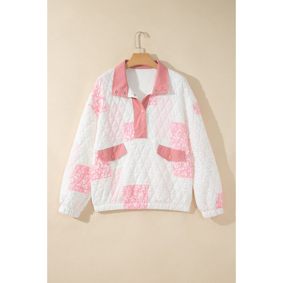 Multicolour Floral Quilted Half Button Pocketed Pullover Sweatshirt Tops/Sweatshirts & Hoodies