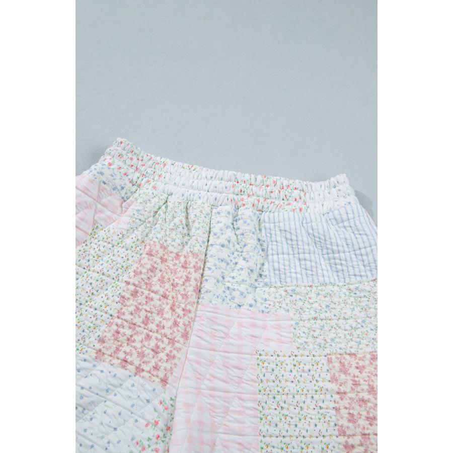 Multicolour Floral Quilted Mock Neck Top and Short Set Two Piece Sets/Short Sets