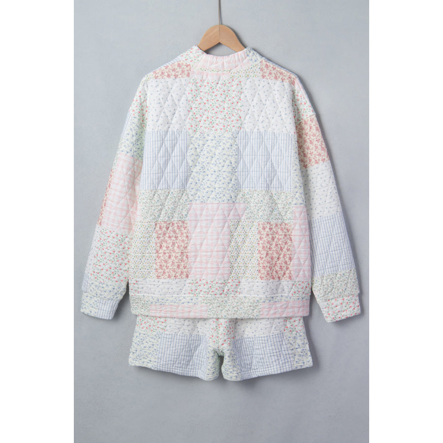 Multicolour Floral Quilted Mock Neck Top and Short Set Two Piece Sets/Short Sets
