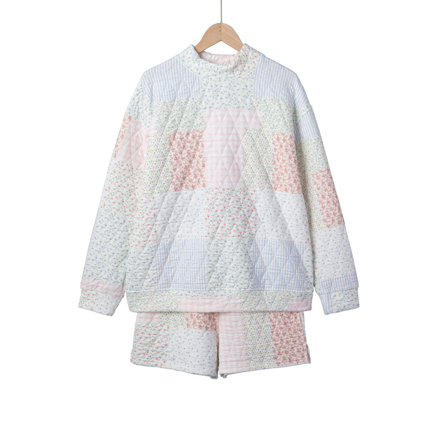 Multicolour Floral Quilted Mock Neck Top and Short Set Two Piece Sets/Short Sets